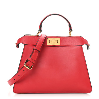 FENDI Vitello Seta Nappa Chinese Valentines Day Karligraphy Small Peekaboo I SEE U Satchel Rosso Cardinale Panna