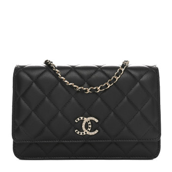 CHANEL Lambskin Pearl Strass Quilted CC Wallet on Chain WOC Black