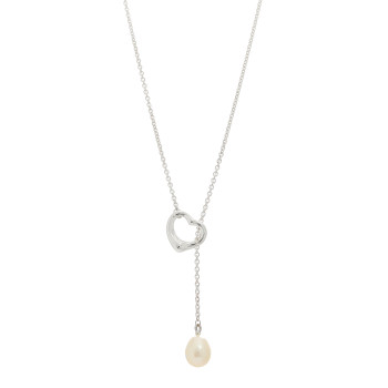 TIFFANY Sterling Silver Cultured Pearl 9.5-11.5mm Elsa Peretti Open Heart Lariat Necklace
