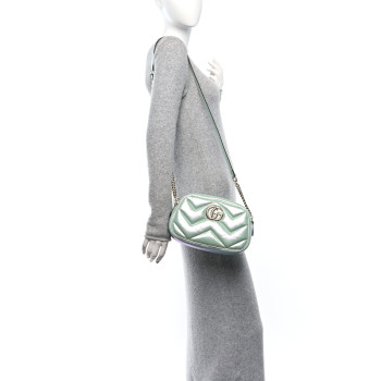 GUCCI Iridescent Nappa Chevron Matelasse Small GG Marmont Chain Shoulder Bag Iridescent Salvy Green