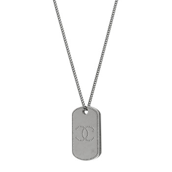 CHANEL Metal Crystal Ruthenium Dog Tag Charm Necklace Black