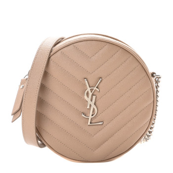 SAINT LAURENT Grain De Poudre Matelasse Chevron Quilted Round Vinyle Camera Bag Dark Beige