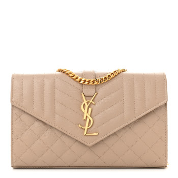 SAINT LAURENT Grain De Poudre Mixed Matelasse Triquilt Monogram Chain Wallet Dark Beige