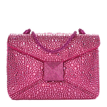 VALENTINO GARAVANI Crystal Suede Embellished Small One Stud Clutch With Chain Pink