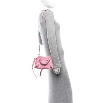 BALENCIAGA Semi Shiny Calfskin Crocodile Embossed Neo Classic Silver Hardware Mini City Pink