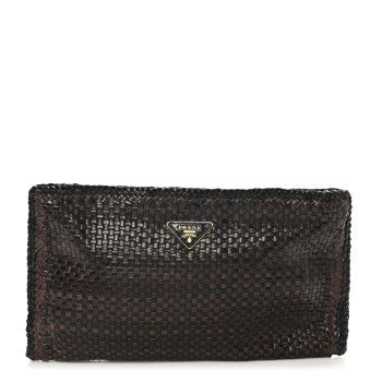 PRADA Goatskin Woven Zip Clutch Moro Black
