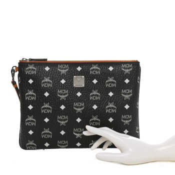 MCM Visetos Medium Stark Wristlet Pouch Black Cognac