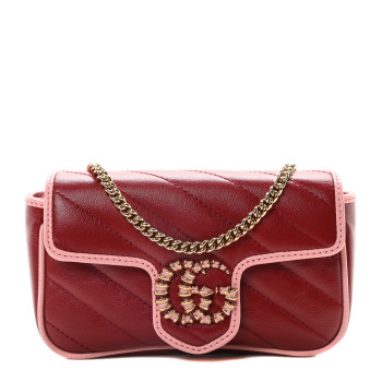 GUCCI Azalea Calfskin Enamel Matelasse Diagonal Super Mini Torchon GG Marmont Shoulder Bag New Cherry Red Wild Rose