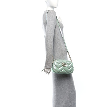 GUCCI Iridescent Nappa Chevron Matelasse Small GG Marmont Chain Shoulder Bag Iridescent Salvy Green