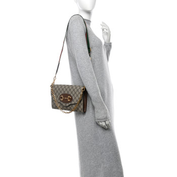 GUCCI GG Supreme Monogram Azalea Calfskin Web Small Horsebit 1955 Crossbody Bag Beige Ebony Brown Sugar