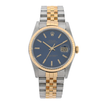ROLEX Stainless Steel 18K Yellow Gold 36mm Oyster Perpetual Datejust Watch Blue 16233