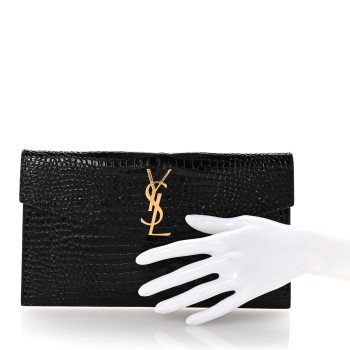 SAINT LAURENT Calfskin Crocodile Embossed Uptown Monogram Pouch Black