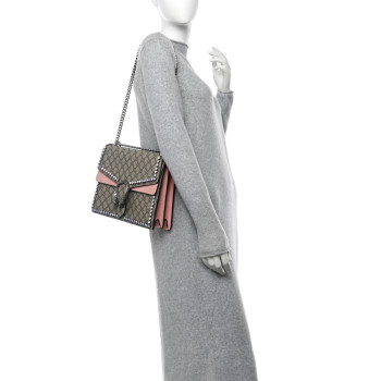 GUCCI GG Supreme Monogram Suede Crystal Medium Dionysus Shoulder Bag Beige Ebony Light Peonia