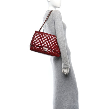 CHANEL Patent Quilted Maxi Double Flap Dark Red