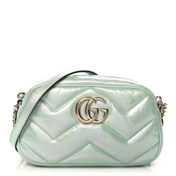 GUCCI Iridescent Nappa Chevron Matelasse Small GG Marmont Chain Shoulder Bag Iridescent Salvy Green