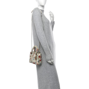 CHRISTIAN DIOR Calfskin Hibiscus Printed Embroidered Mini Lady Dior Beige Multicolor