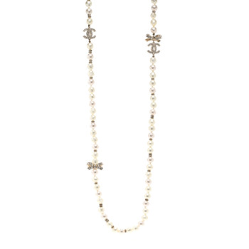 CHANEL Crystal Pearl CC Bow Long Necklace Light Gold