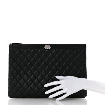 CHANEL Lambskin Quilted Large Boy Cosmetic Case Black