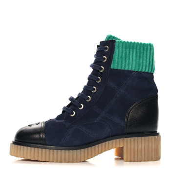 CHANEL Suede Calfskin Velvet Quilted CC Combat Boots 37 Navy Green Black