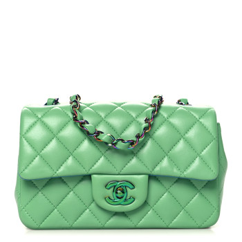 CHANEL Lambskin Quilted Mini Rectangular Flap Green Blue