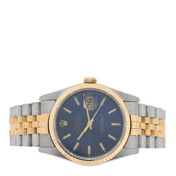 ROLEX Stainless Steel 18K Yellow Gold 36mm Oyster Perpetual Datejust Watch Blue 16233