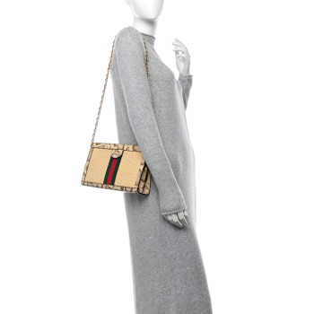 GUCCI Raffia Elaphe GG Small Ophidia Chain Shoulder Bag Natural Cream Brown