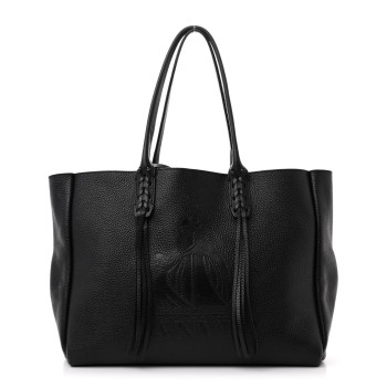 LANVIN Grained Calfskin Logo Small Fringe Shopper Tote Black