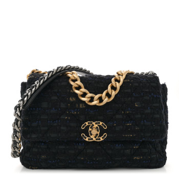 CHANEL Tweed Quilted Large Chanel 19 Flap Black Navy Gold