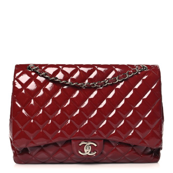 CHANEL Patent Quilted Maxi Double Flap Dark Red