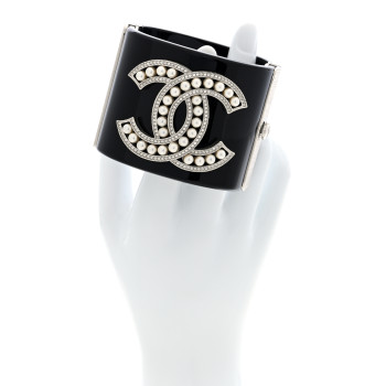 CHANEL Resin Pearl Crystal CC Cuff Bracelet Black Silver