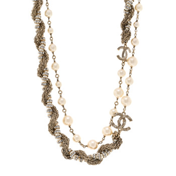 CHANEL Pearl Crystal CC Braided Chain Long Necklace Light Gold