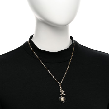 CHANEL Crystal CC Heart Necklace Black Pearly White Gold
