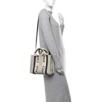 CHLOE Cotton Calfskin Small Woody Ribbon Tote With Strap White Navy