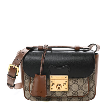 GUCCI GG Supreme Monogram New Sakai Lux Calfskin Mini Padlock Flap Pocket Shoulder Bag Beige Ebony Black Cuir GUCCI GG Supreme Monogram New Sakai Lux Calfskin Mini Padlock Flap Pocket Shoulder Bag Beige Ebony Black Cuir