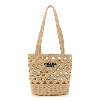PRADA Yarn Raffia Effect Crochet Embroidered Mini  Logo Tote Naturale
