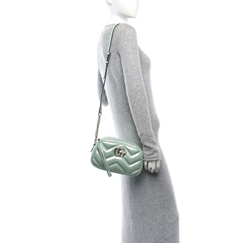 GUCCI Iridescent Nappa Chevron Matelasse Small GG Marmont Chain Shoulder Bag Iridescent Salvy Green