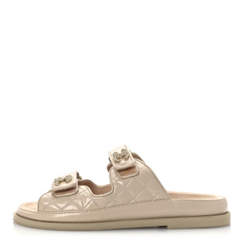 CHANEL Shiny Calfskin Crystal Quilted Velcro Dad CC Slide Sandals 38 Light Beige