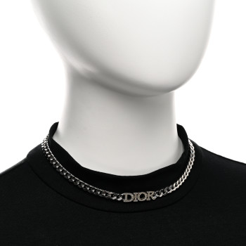 CHRISTIAN DIOR Metal Crystal Logo Chain Link Necklace Silver