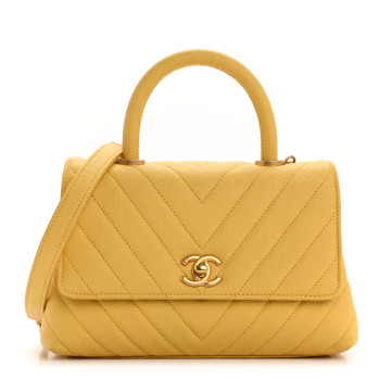 CHANEL Caviar Chevron Quilted Mini Coco Handle Flap Yellow