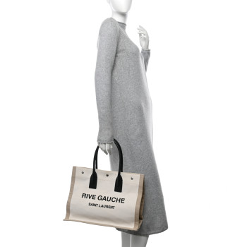 SAINT LAURENT Linen Calfskin Small Rive Gauche Tote Greggio Natural
