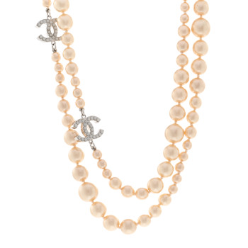 CHANEL Graduated Pearl CC Long Necklace Silver