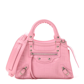 BALENCIAGA Semi Shiny Calfskin Crocodile Embossed Neo Classic Silver Hardware Mini City Pink