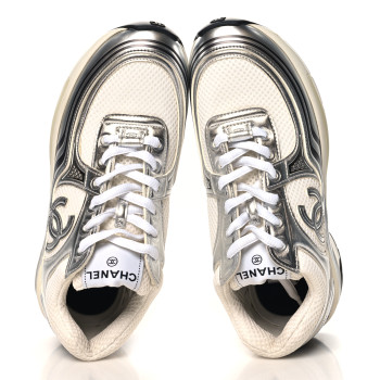 CHANEL Fabric Laminated Calfskin Stretch CC Sneakers 37 White Silver
