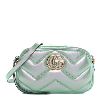 GUCCI Iridescent Nappa Chevron Matelasse Small GG Marmont Chain Shoulder Bag Iridescent Salvy Green