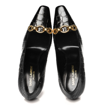 SAINT LAURENT Calfskin Crocodile Embossed Silvana Pumps 38 Black