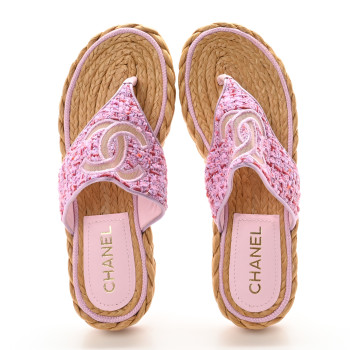 CHANEL Tweed Mesh Satin CC Thong Sandals 38.5 Light Purple Pink Red