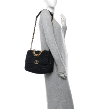 CHANEL Tweed Quilted Large Chanel 19 Flap Black Navy Gold