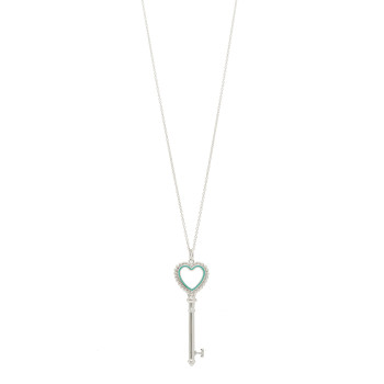 TIFFANY Sterling Silver Enamel Beaded Heart Key Pendant Necklace Blue