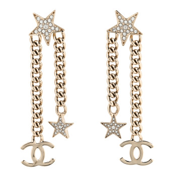 CHANEL Crystal CC Star Chain Drop Earrings Gold