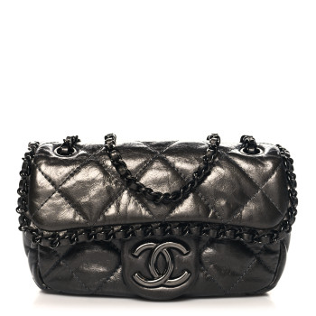 CHANEL Metallic Aged Calfskin Mini Chain Me Flap Dark Grey